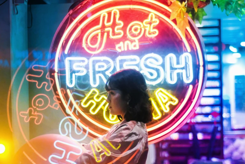 a woman standing in front of a neon sign, trending on unsplash, fine art, hot food, fresh atmosphere, h3h3, fresh