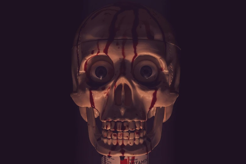 a close up of a skull with blood on it's face, poster art, by Adam Marczyński, pexels contest winner, massurrealism, with a large head and big eyes, head in a jar, frontal view, 5 feet away