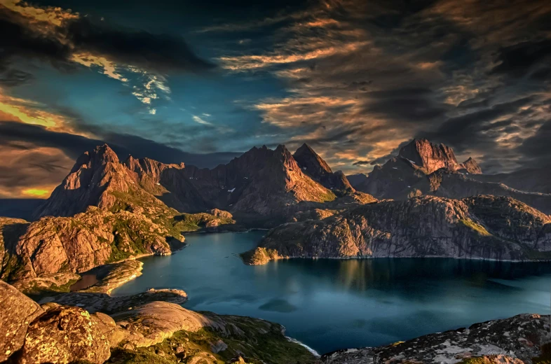 a large body of water surrounded by mountains, a matte painting, by Sebastian Spreng, pexels contest winner, summer evening, norwegian landscape, hyper - detailed color photo, instagram post