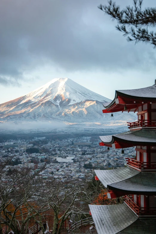 a pagoda with a mountain in the background, inspired by Kanō Hōgai, unsplash contest winner, volcanoes, winter, city buildings on top of trees, 8k resolution”