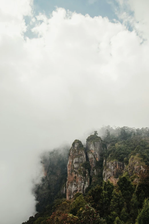 a group of people standing on top of a mountain, low clouds after rain, trees and cliffs, sri lanka, spires