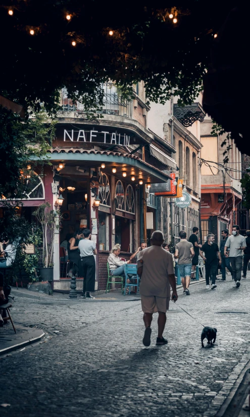 a man walking a dog down a cobblestone street, by Niyazi Selimoglu, pexels contest winner, art nouveau, busy restaurant, fallout style istanbul, panoramic shot, summer evening