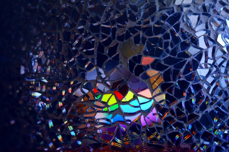 a close up of a mosaic glass vase, pexels, crystal cubism, in a crashed spaceship, rainbow caustic lighting, cracked windows, houdini algorithm generative art