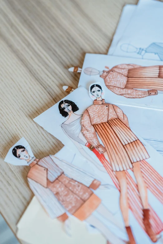 a bunch of paper dolls sitting on top of a table, detailed fashion illustration, ocher details, detail shots, detailed product shot