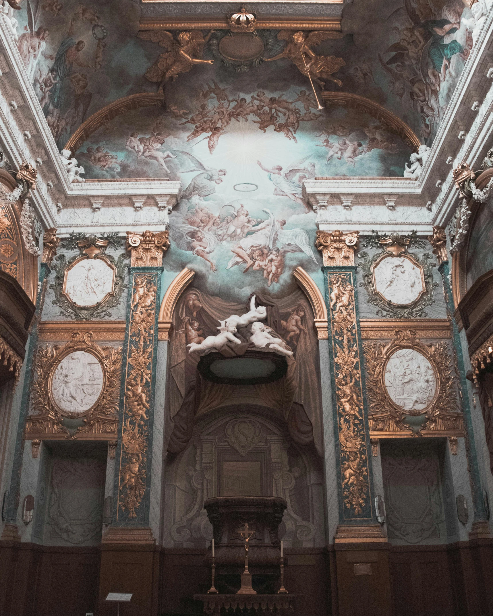 a large room with a clock on the ceiling, a renaissance painting, pexels contest winner, rococo, ribbon chapel, rococo color palette, standing in a church, heavenly marble