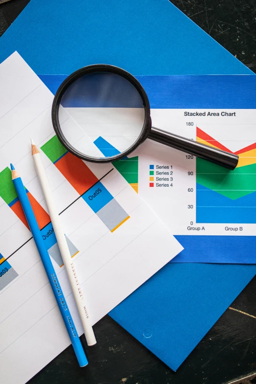 a magnifying glass sitting on top of a piece of paper, analytical art, informative graphs and diagrams, multi - coloured, thumbnail, 8