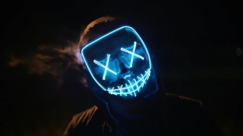 a man wearing a neon mask in the dark, an album cover, pexels contest winner, blue leds, xcopy teeth, teenager, ((blue))