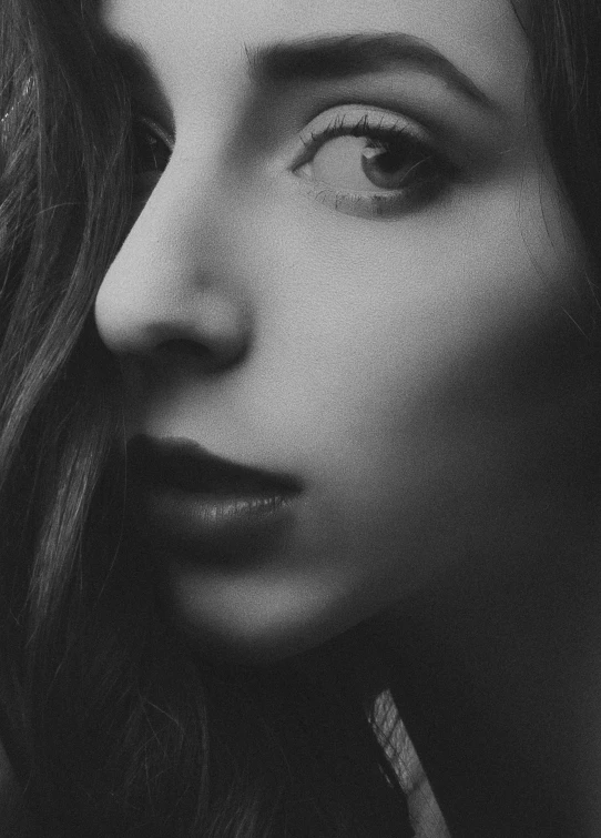 a black and white photo of a woman with long hair, a black and white photo, inspired by irakli nadar, pexels contest winner, digital art, half face, realistic | detailed face, slender nose, high angle closeup portrait