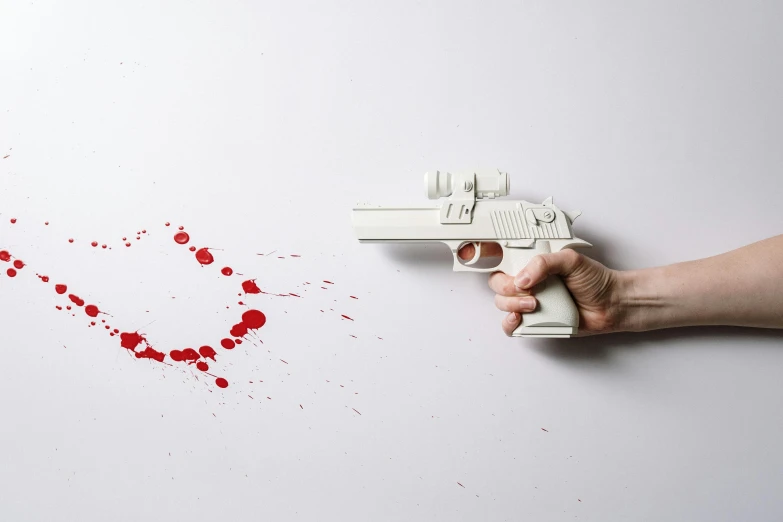 a person holding a toy gun with blood on it, unsplash, hyperrealism, ilustration, platon, crime scene photo