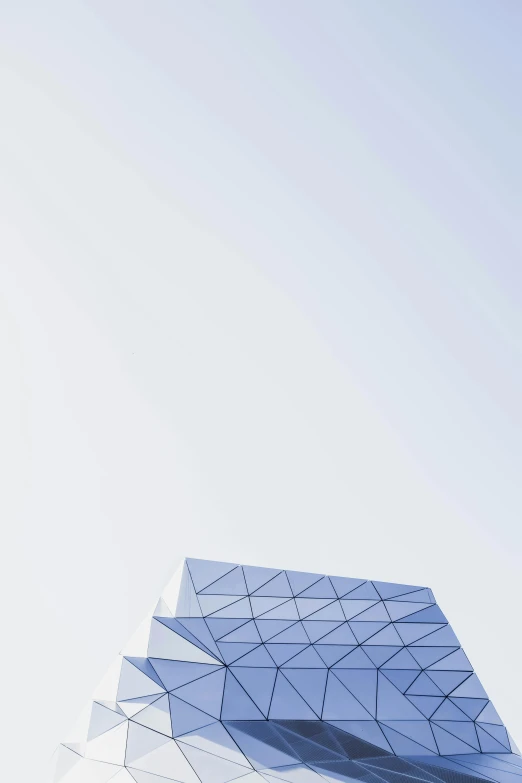 a plane that is flying in the sky, by Jang Seung-eop, minimalism, transparent building, triangular face, white and blue, square