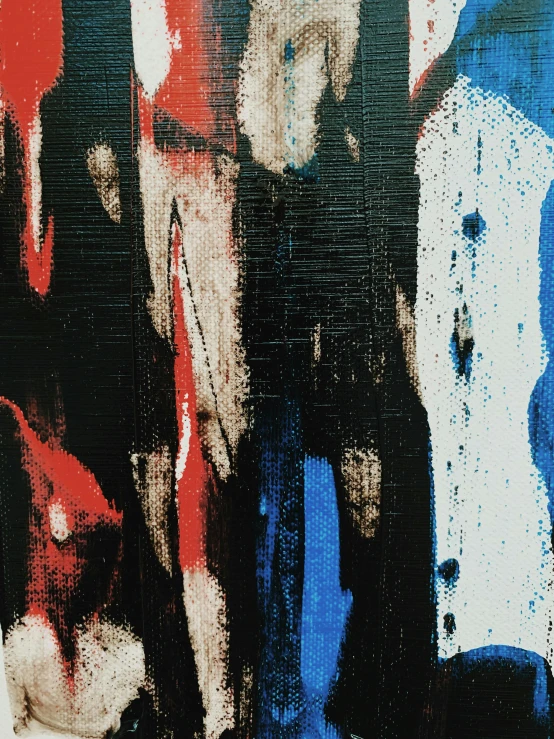 a painting of a group of people standing next to each other, inspired by Clyfford Still, unsplash, lyrical abstraction, daido moriyama, colors red white blue and black, detail texture, david normal