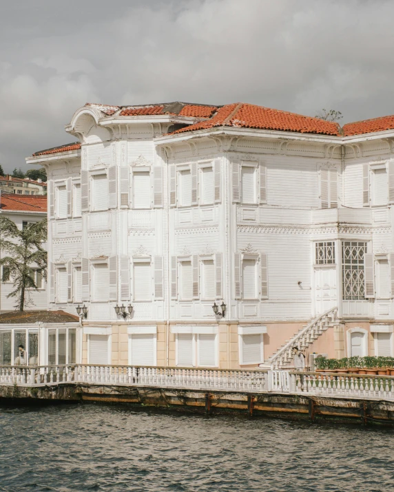 a large white building next to a body of water, by Elsa Bleda, pexels contest winner, art nouveau, ottoman sultan, front side, gif, a wooden