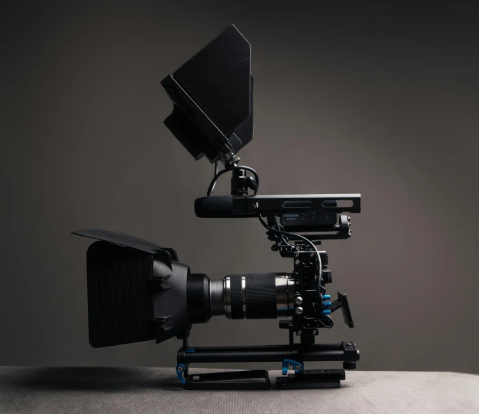 a video camera sitting on top of a table, by Niels Lergaard, general studio lighting, cinematic frame, medium wide front shot, with back to the camera