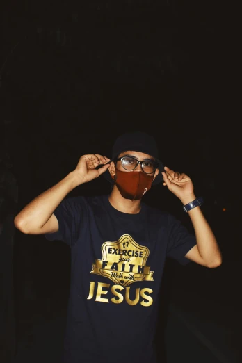 a man with a face mask covering his face, an album cover, inspired by Johann Liss, wearing gold glasses, jesus wasted at a party, he is about 20 years old | short, profile picture 1024px