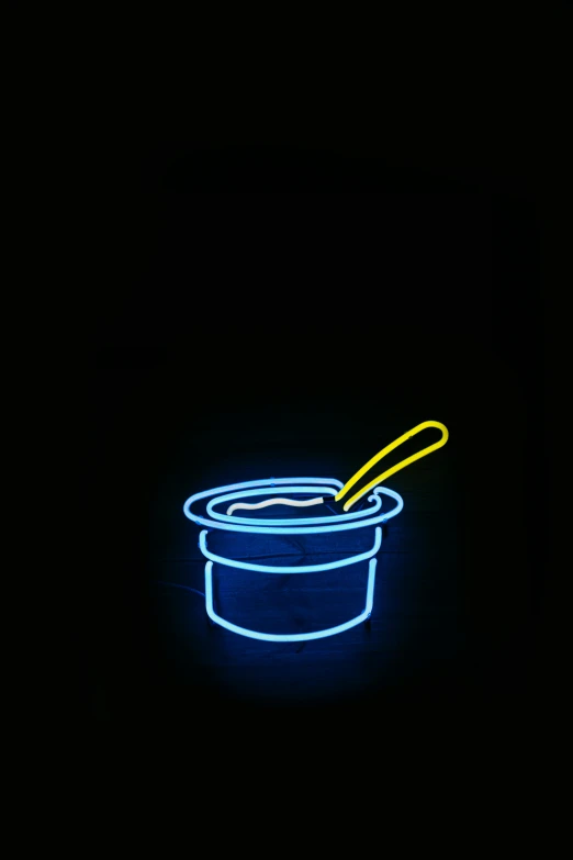 a neon sign of a bowl of soup with a spoon, flickr, conceptual art, yogurt, single color, made of neon light, pot