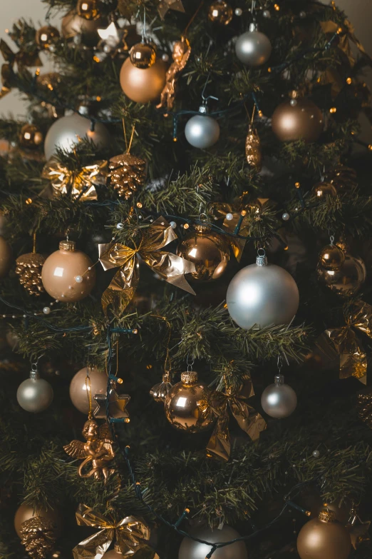 a close up of a christmas tree with ornaments, by Jakob Gauermann, pexels, baroque, brown and gold, multiple stories, grey, premium quality