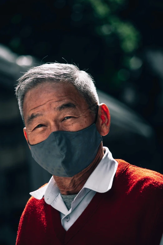 a close up of a person wearing a face mask, by Yasushi Sugiyama, grandfatherly, ethnicity : japanese, gray men, looking confident