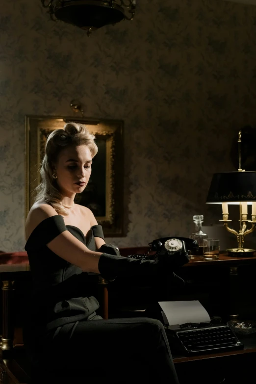 a woman sitting at a desk with a typewriter, a portrait, inspired by Albert Edelfelt, margot robbie as catwoman, [ theatrical ], slide show, elegant atmosphere