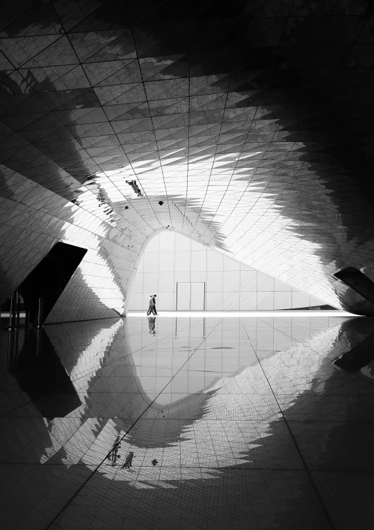 a black and white photo of the inside of a building, inspired by Zha Shibiao, light and space, detailed reflection, 'lone dark figure'!!, ray tracing reflection, in the gallery