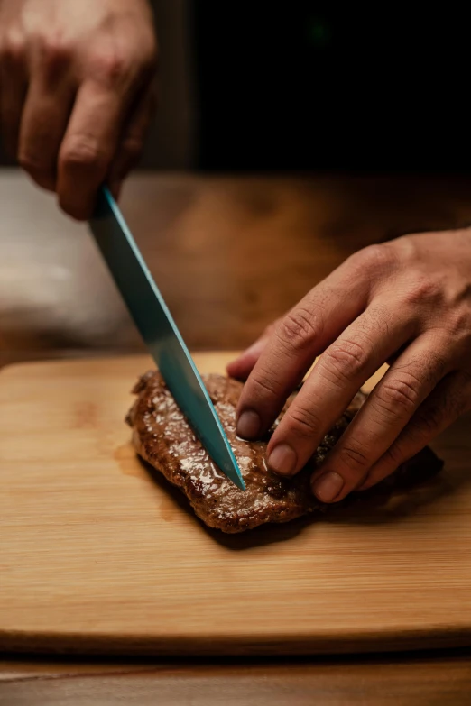 a close up of a person cutting food on a cutting board, steak, thick blue lines, handheld, sculpting