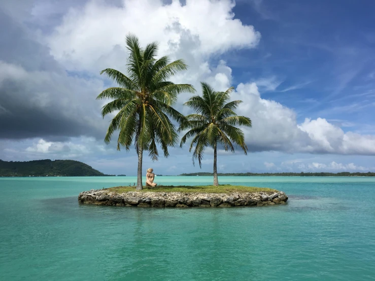 a person sitting on a small island in the middle of the ocean, palm trees, turquoise, te pae, listing image