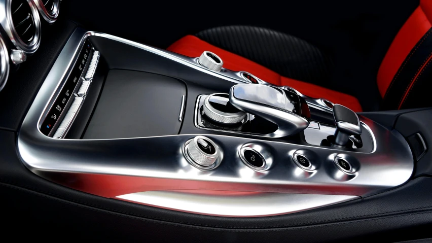 a close up of the center console of a car, an album cover, by David Donaldson, shutterstock contest winner, silver white gold red details, mercedez benz, sport car, redshift renderer