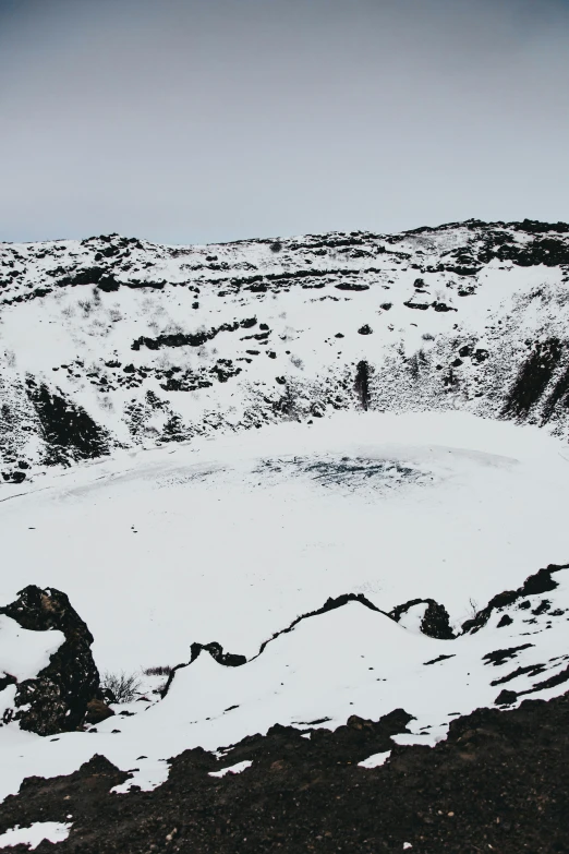 a man standing on top of a snow covered mountain, by Þórarinn B. Þorláksson, trending on unsplash, les nabis, looking down at a massive crater, low quality photo, circle pit, slate