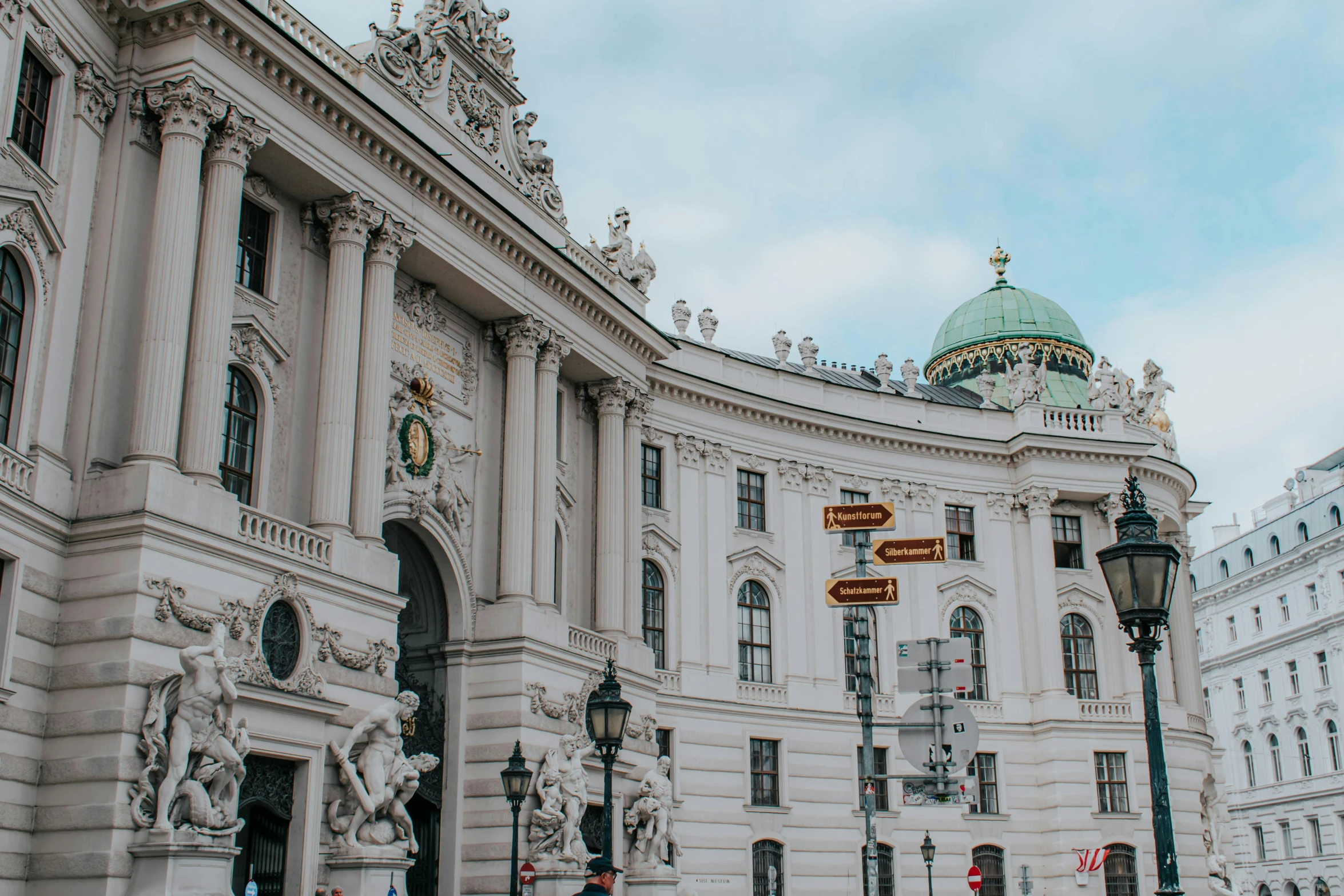 a group of people standing in front of a building, pexels contest winner, neoclassicism, vienna secesion style, buildings covered with greebles, curvy build, thumbnail