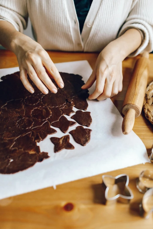 a close up of a person making cookies on a table, by Julia Pishtar, chocolate art, bark for skin, thumbnail, cut out