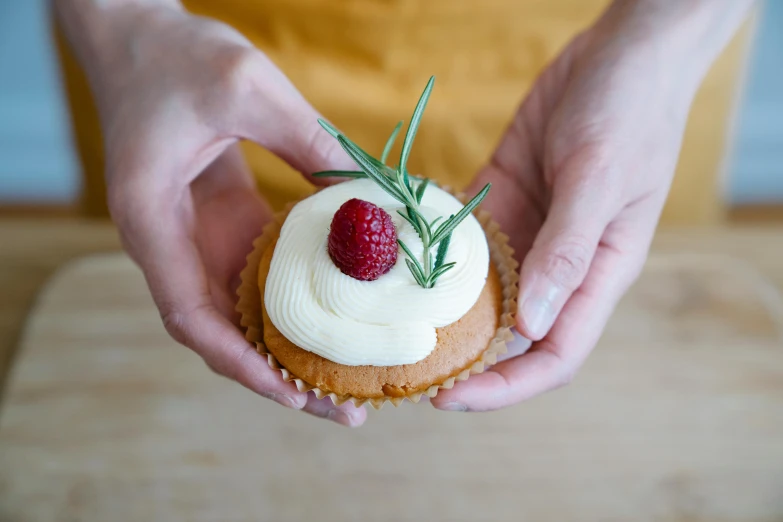 a person holding a cupcake with white frosting and a raspberry on top, a still life, by Sam Charles, unsplash, handcrafted, edible, paul davey, close-up product photo