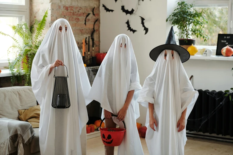 three children dressed in halloween costumes standing in a living room, by Pamela Drew, pexels, happening, long flowing white robe, 🦩🪐🐞👩🏻🦳, floating ghost, helmet is off