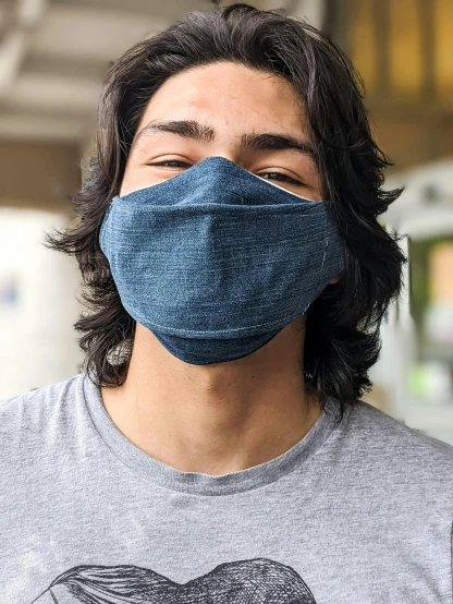 a close up of a person wearing a face mask, denim, displayed, set photo, brandon