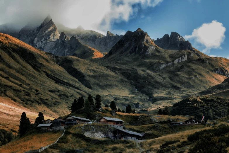 a group of houses sitting on top of a lush green hillside, a matte painting, by Daniel Seghers, pexels contest winner, alps, grey, brown, panoramic