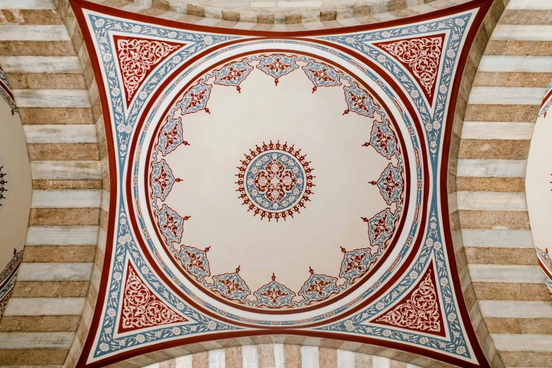 a close up of a ceiling in a building, inspired by Osman Hamdi Bey, arabesque, red brown and white color scheme, dome, youtube thumbnail, cathedral ceiling