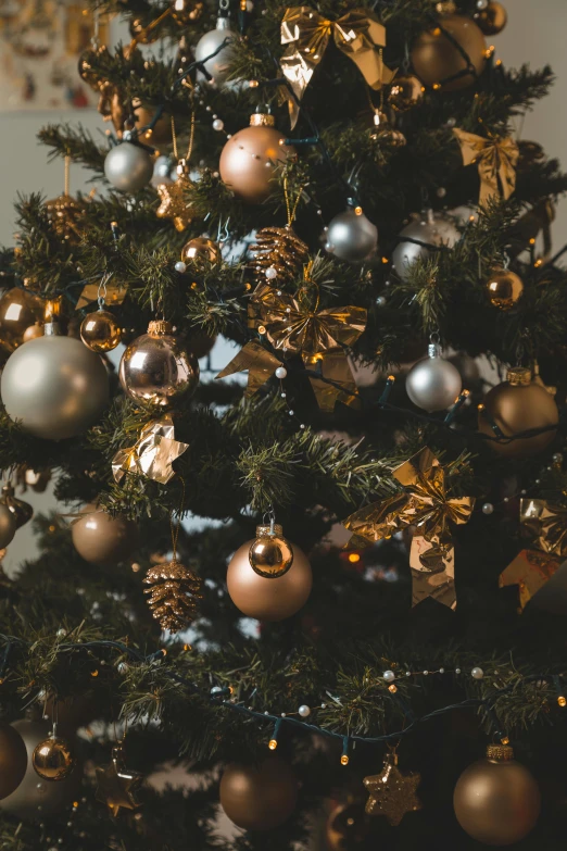 a close up of a christmas tree with ornaments, pexels, baroque, brown and gold, grey, opening shot, thumbnail