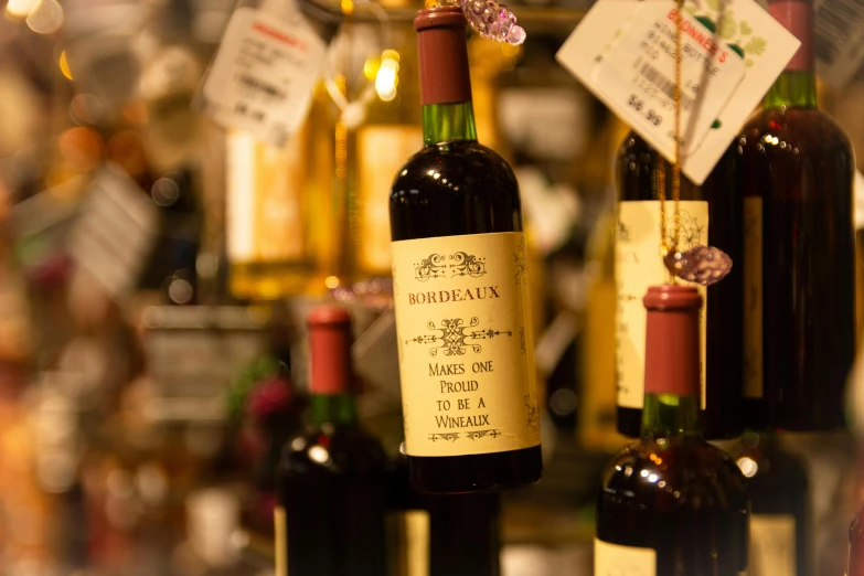 a number of bottles of wine on a shelf, pexels contest winner, art nouveau, profile image, moulin rouge, close - up profile, holiday