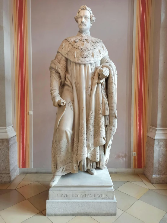 a statue of a man standing in a room, a marble sculpture, by Joseph von Führich, mannerism, ornate cloak, great king of stovokor, thumbnail, covered in white flour