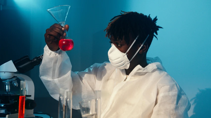 a close up of a person in a lab coat, inspired by François Bocion, pexels contest winner, afrofuturism, bong, indoor lab scene, high drama, thumbnail