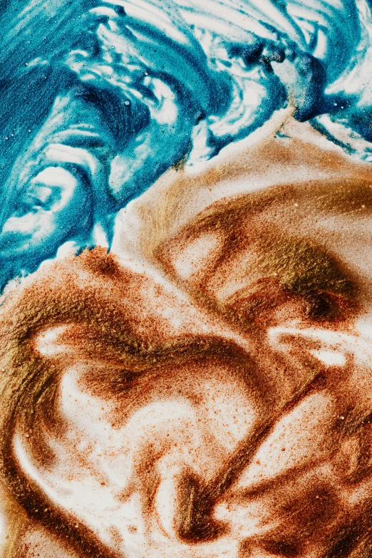 a cup of coffee with a heart drawn on it, an ultrafine detailed painting, inspired by Anna Füssli, trending on unsplash, process art, blue sand, face made out of planet, mocha swirl color scheme, detail shot