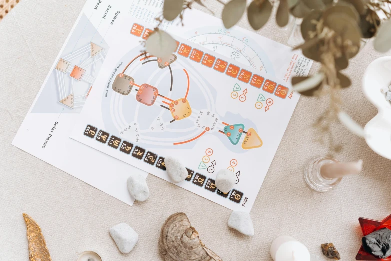 a board game sitting on top of a table, a poster, by Julia Pishtar, detailed chemical diagram, himalayan rocksalt lamp, planner stickers, close-up product photo