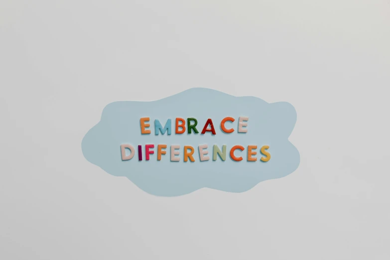 a sticker with the words embrace differences on it, inspired by Florence Engelbach, with gradients, ☁🌪🌙👩🏾, wall art, paul rand