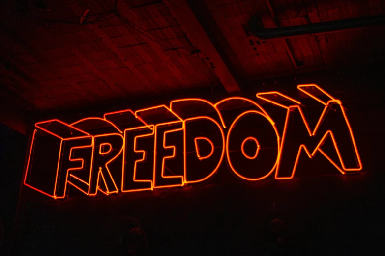 a neon sign is lit up in the dark, pexels, graffiti, freedom fighter, red room, neon standup bar, artwork about a road to freedom
