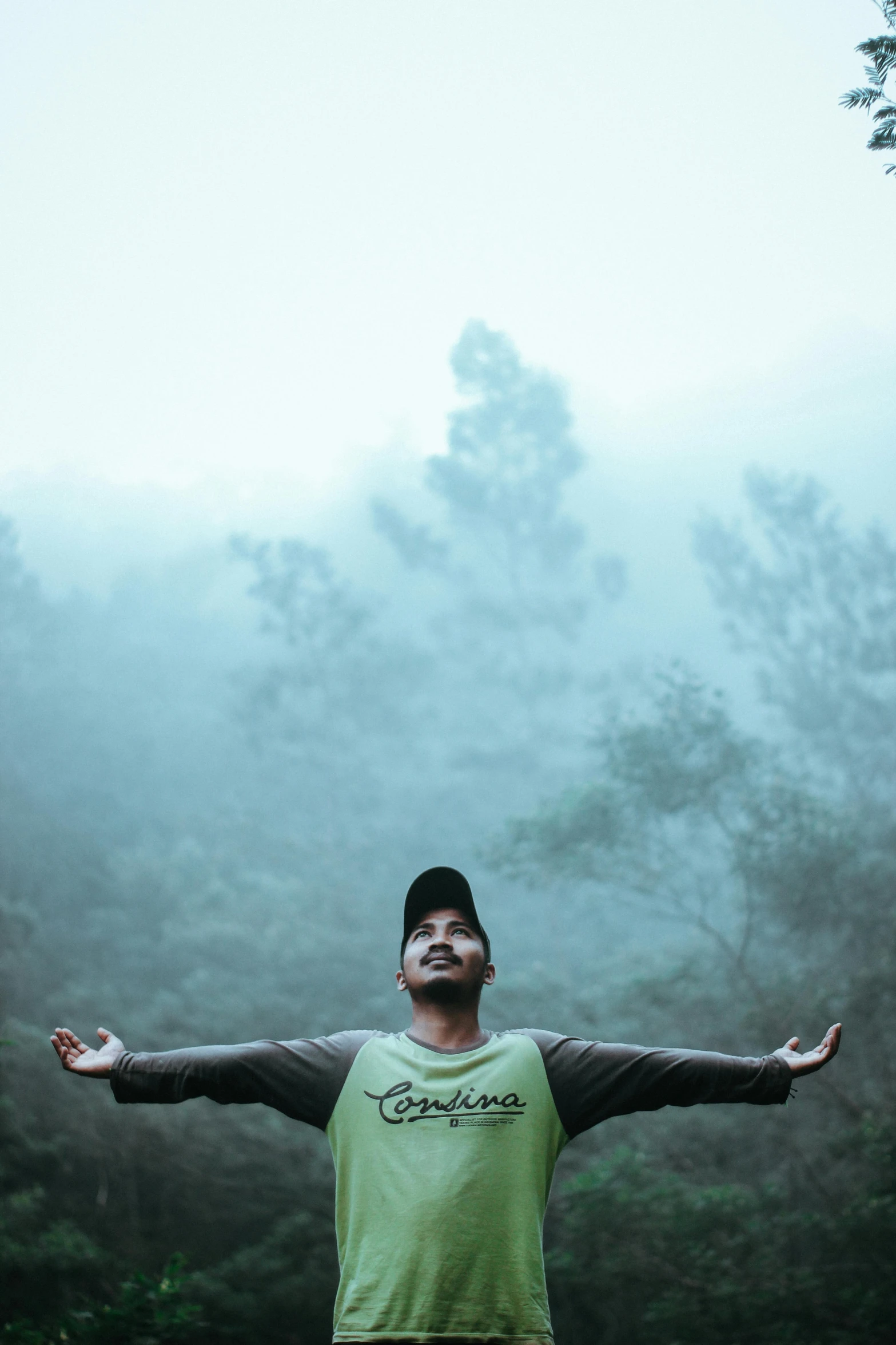 a man standing in the middle of a forest, inspired by Rudy Siswanto, sumatraism, his arms spread. ready to fly, fogy, profile pic, uttarakhand