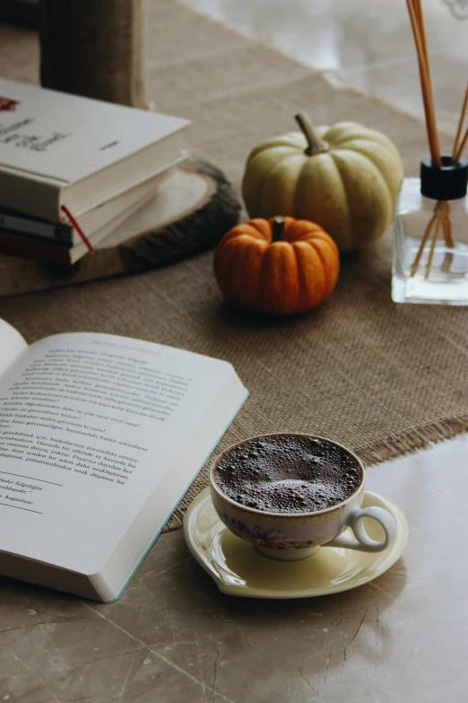 an open book sitting on top of a table next to a cup of coffee, a still life, pexels contest winner, pumpkins, sitting on a mocha-colored table, thumbnail, multiple stories