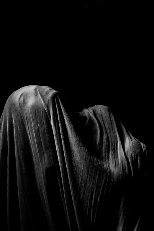 a black and white photo of a person covered in a sheet, an album cover, inspired by Nicola Samori, conceptual art, burka, dark filaments, dark dance photography aesthetic, mane