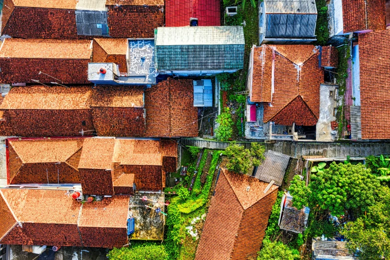 a bird's eye view of a residential area, pexels contest winner, renaissance, indonesia, roof background, different angles, hyperdetailed colourful