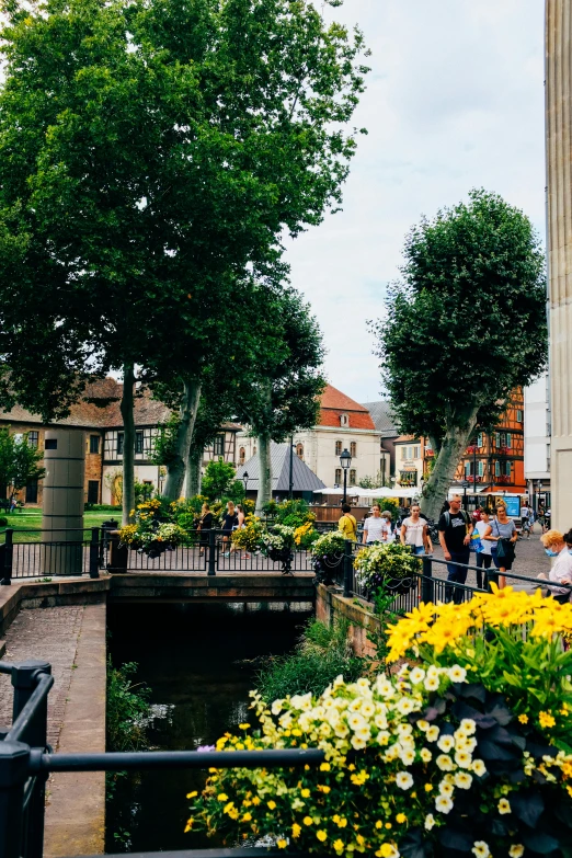 a clock that is on the side of a building, flowers and waterfalls, railing along the canal, shops, green spaces