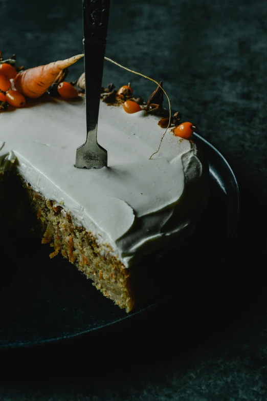 a slice of carrot cake on a plate with a knife, a still life, pexels, dark grey and orange colours, thumbnail, harvest, deluxe