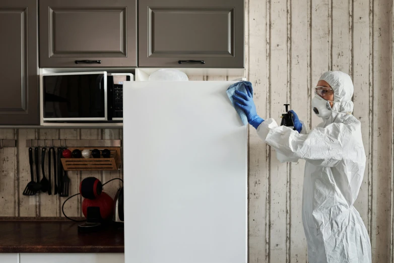 a man in a hazmat suit standing next to a refrigerator, pexels contest winner, cleaning future, wearing maid uniform, avatar image, maintenance photo