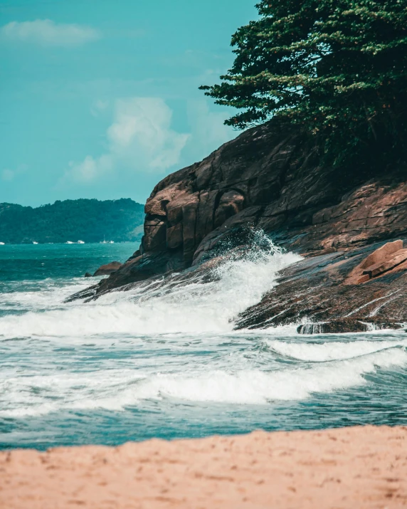 a man riding a surfboard on top of a wave covered beach, pexels contest winner, sumatraism, detailed trees and cliffs, thumbnail, set on singaporean aesthetic, sandstone